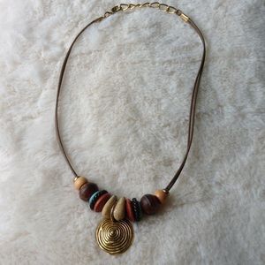 Boho golden brass color pendant + beaded necklace